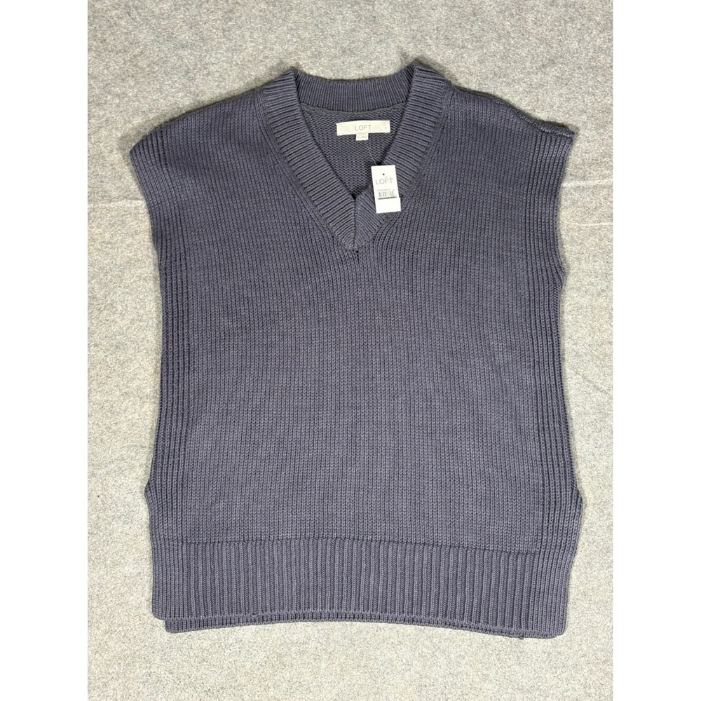 Loft Mens V-Neck‎ Ribbed Knit Sweater Vest Gray Blue Sleeveless Small NWT